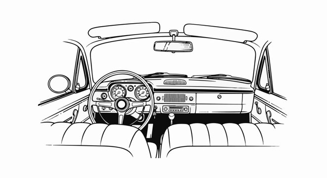 Detailed black and white illustration of a vintage car's interior dashboard