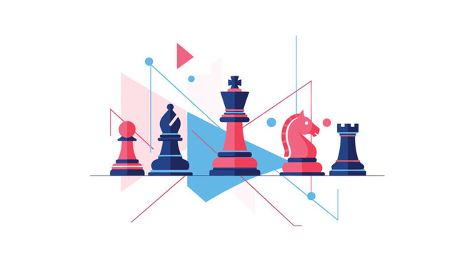 Chess pieces are aligned across a white surface with thin connecting lines and abstract geometric shapes floating in the background in a clean flat vector art style.