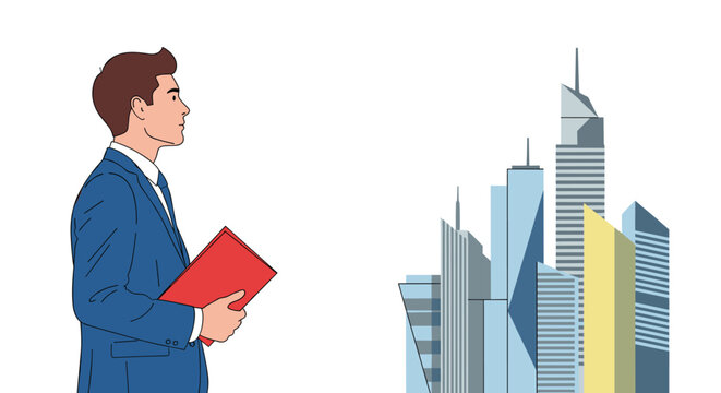 A professional man in a formal blue suit holds a red folder while standing beside a stylized urban skyline of geometric office buildings in a clean flat vector illustration.