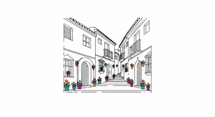 Fototapeta premium A charming narrow street lined with potted plants and old buildings