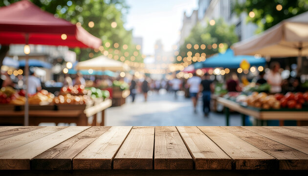 Wooden tabletop with blurred outdoor farmers market and produce.