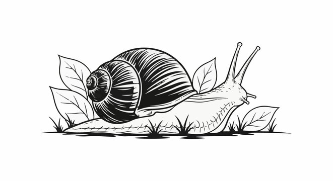 A detailed black and white illustration of a snail on leaves and grass