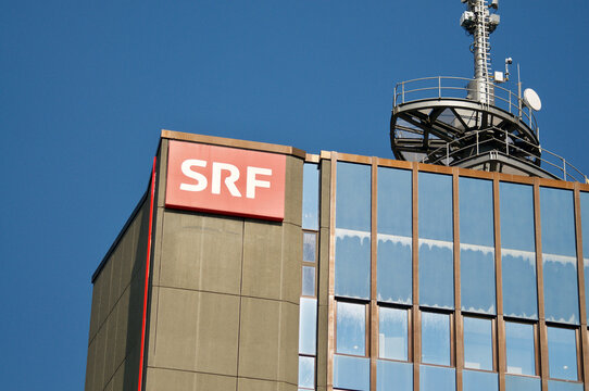 SRF SSR (Schweizer Radio und Fernsehen) television media sign at headquarters in Zurich