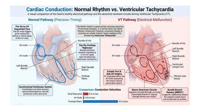 Ventricular Tachycardia : -  Visual comparison of healthy heart rhythm and electrical mal function in Ventricular Tachycardia