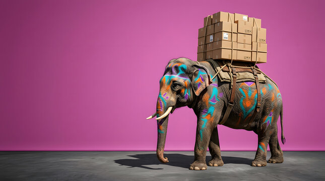 Colorful painted elephant carrying heavy cargo boxes for delivery concept