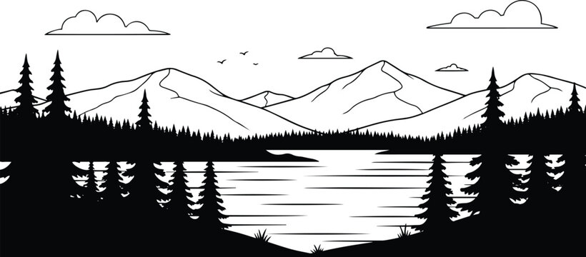 minimalist mountain lake reflection line art illustration