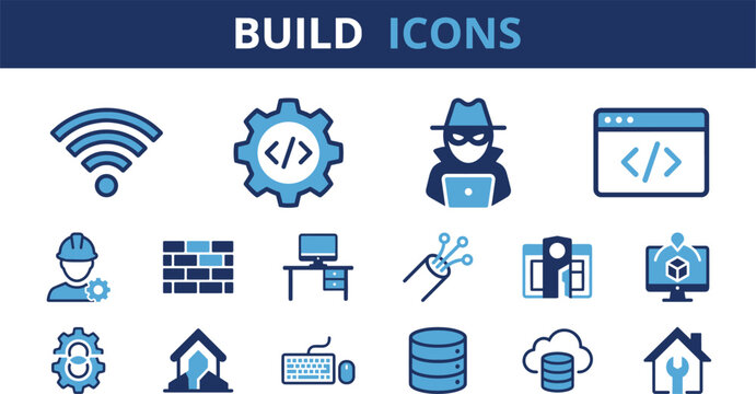 Build, icons, code, development, hacker, security, wifi, construction, wall, desk, cable, hosting, database, cloud, home, repair, keyboard, software, programming, internet