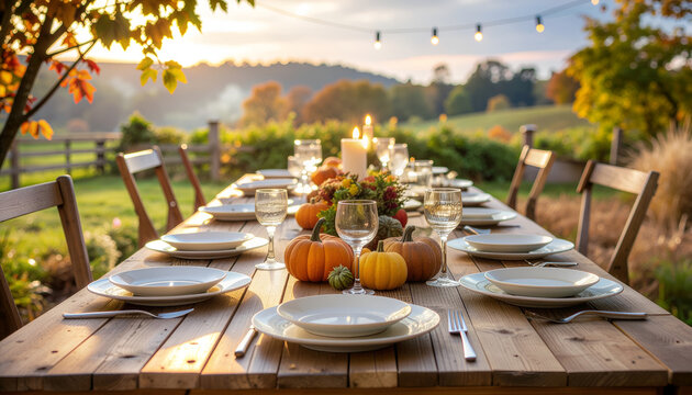 Autumn harvest table setting at rustic outdoor dinner.
