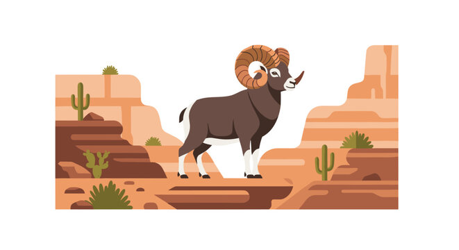 A majestic bighorn sheep with curled horns stands proudly upon a flat desert rock formation surrounded by sparse desert vegetation and layered canyon walls in bright sunlight.
