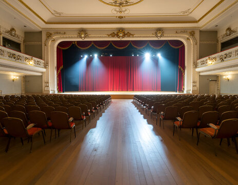 Grand empty theater auditorium with red curtain and stage lights.
