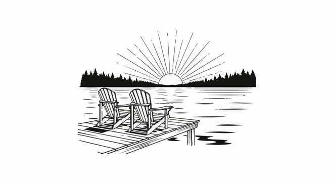 Two chairs on a dock at sunrise by a lake with a forest backdrop