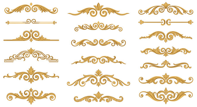 A diverse collection of elegant golden ornamental flourishes and decorative line dividers are arranged in a grid pattern on a solid neutral colored background.