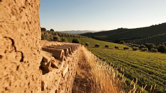 Textured farmhouse wall beside Italy countryside vineyard slope, sunlit dry grass, olive rows and distant hills forming an intimate rustic Mediterranean agricultural view with warm earthy detail.