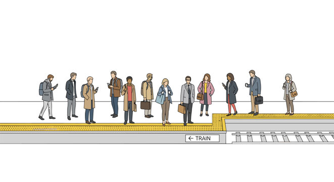 Diverse group of business commuters standing in a row on a yellow textured station platform waiting for an incoming train in a flat minimalist digital illustration.