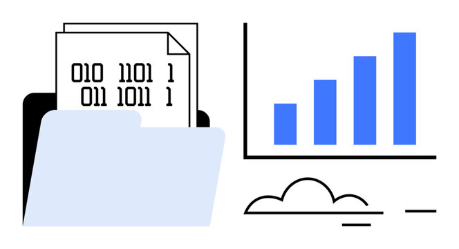 Data analysis, digital storage, file management, technology trends, automation, visual reporting. A folder with binary digits and a bar graph. Data analysis and digital storage concept