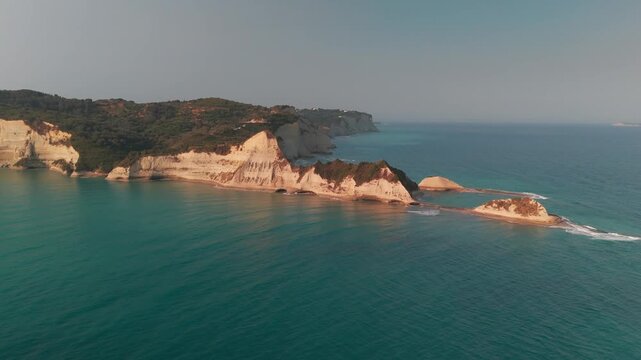 Majestic High-Altitude Aerial Flight Toward Cape Drastis Rugged White Cliffs Corfu Greece