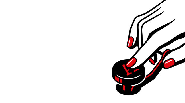 A hand with red nail polish presses a red and black button with a stylized 'A' on it.