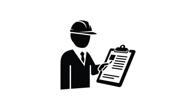 Black and white icon of a professional engineer or site supervisor holding a clipboard.