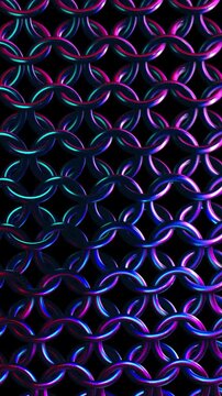 Intricate chainmail pattern of interlocking purple and teal metallic rings creates a high tech armor texture with iridescent reflections