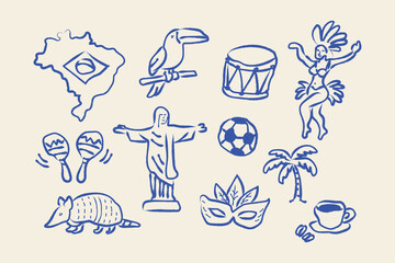 Obraz premium Brazil travel elements set naive blue sketch vector
