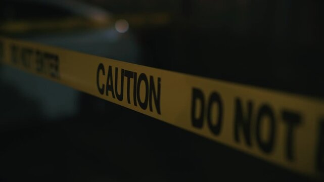 Yellow caution do not enter tape at night blocking dangerous area creating sense of restricted access and increased danger during dark nighttime environment