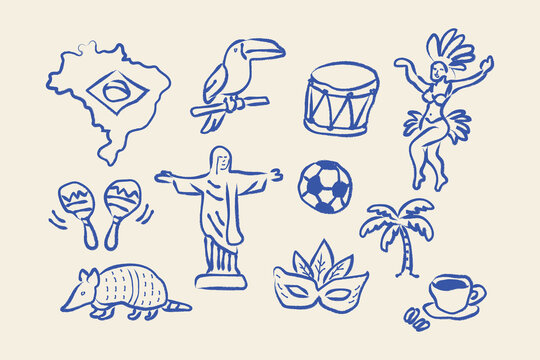 Brazil travel elements set naive blue sketch vector