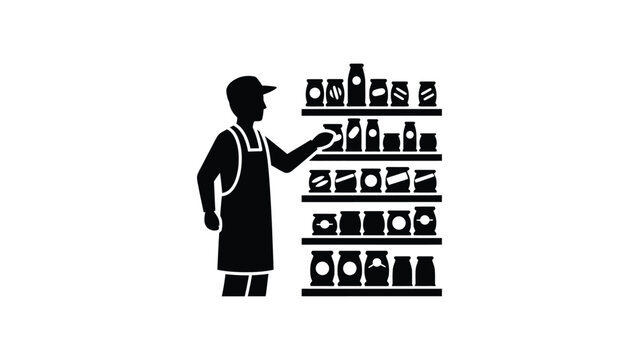 A silhouette icon of a shop assistant stocking grocery store shelves.