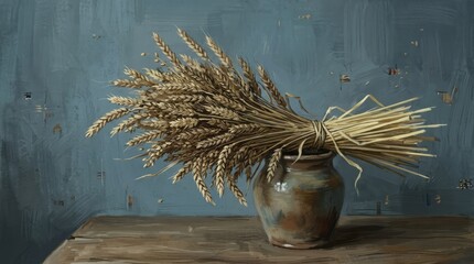 Naklejka premium Wheat Bundle in Rustic Pot Wheat Bundle Pot Rustic Still Life Nature Agriculture. Concept featuring wheat, bundle, pot, rustic, still life for professional commercial design.