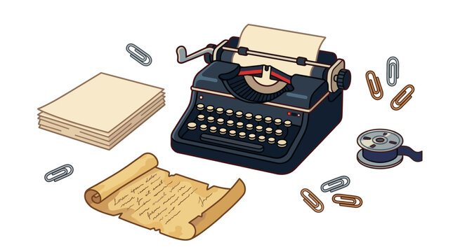 An antique typewriter sits on a surface surrounded by paper, a scroll, and paper clips, evoking a sense of historical writing and documentation.