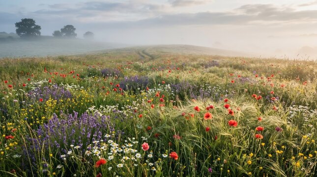 Vibrant Wildflower Meadow at Sunrise Wildflowers Meadow Nature Sunrise Landscape Flowers Poppies. Concept featuring wildflowers, meadow, nature, sunrise, landscape for professional commercial design.