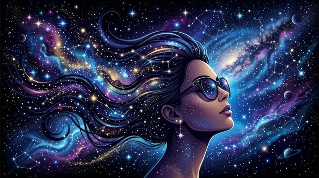 Woman with Sunglasses in Cosmic Space Cosmic Space Woman Sunglasses Galaxy Stars Universe. Concept featuring cosmic, space, woman, sunglasses, galaxy for professional commercial design.