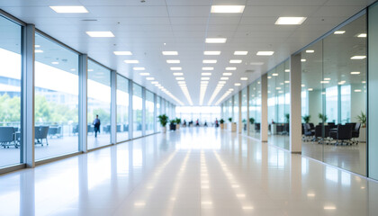 Fototapeta premium Bright modern corporate office corridor with glass walls.