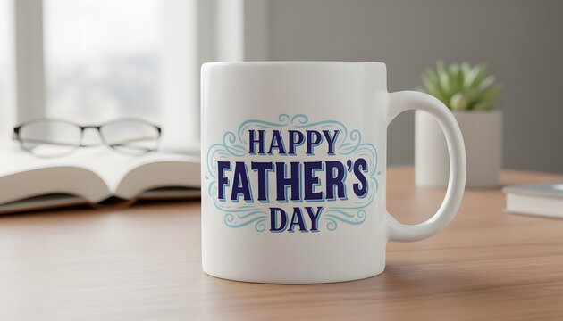 Happy fathers day mug mockup with glasses and plant