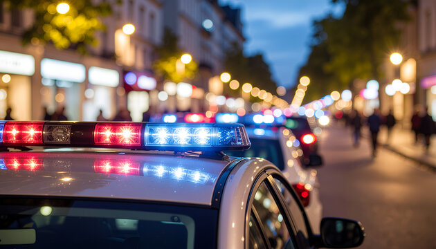 Police cruisers with flashing lights on urban street at dusk.