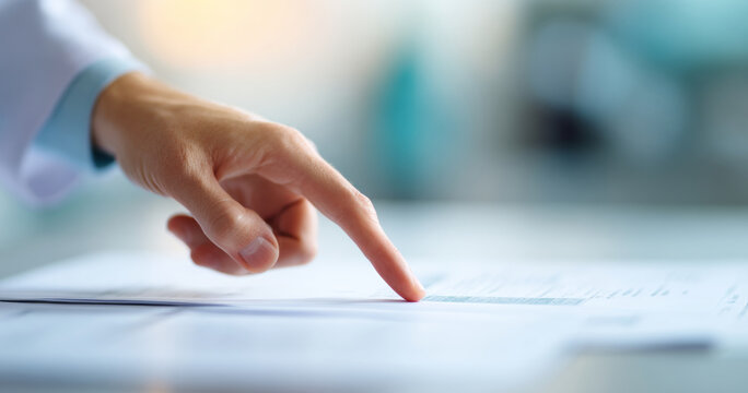 Person pointing at document on table