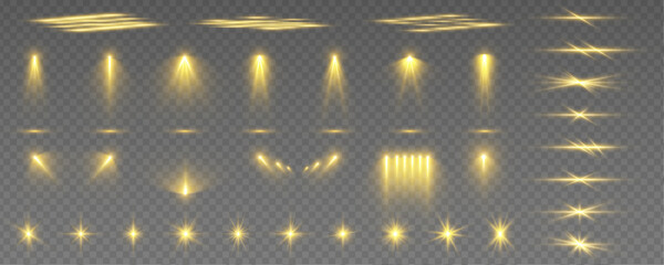 Yellow light arcs and beams on transparent background. Vector stage illumination set for posters. Isolated glow effects pack. © MEDUZA