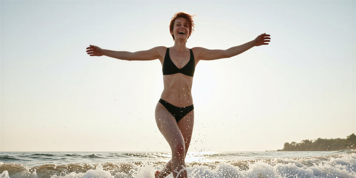 A fit red-haired woman in a black bikini standing in the ocean waves with her arms outstretched and smiling, enjoying the moment at sunset with a clear sky and a small island in the distance.