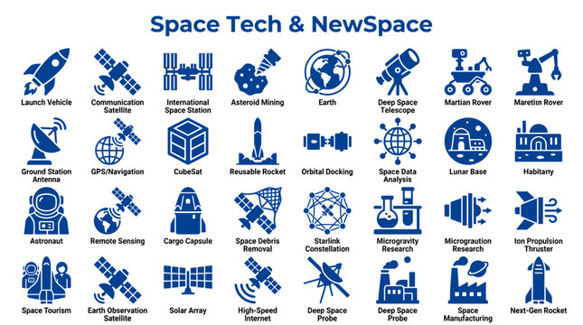 Space Technology and NewSpace Icons Collection Illustrating Futuristic Space Exploration and Industry Concepts