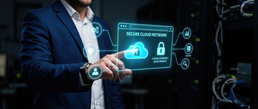 Exploring cybersecurity innovations protecting data in a secure cloud network environment business technology digital transformation contemporary office space