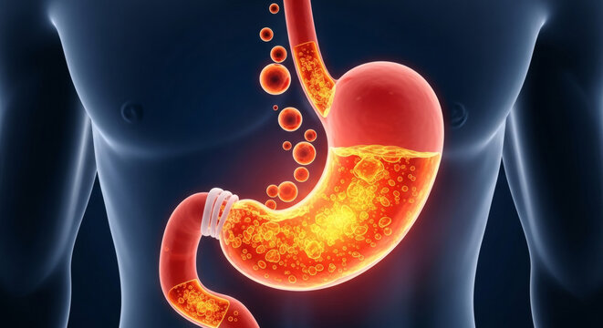 Human Stomach Anatomy with Gastric Band and Acid Reflux Illustration