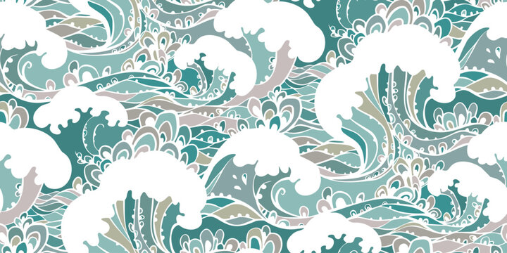 Seamless ornamental wave pattern in green and beige colors, abstract ocean inspired design, half drop repeat, vector