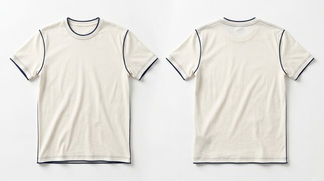 A minimalist cream t-shirt mockup showing front and back views, featuring navy blue contrast piping on the neck, sleeves, and side seams.
