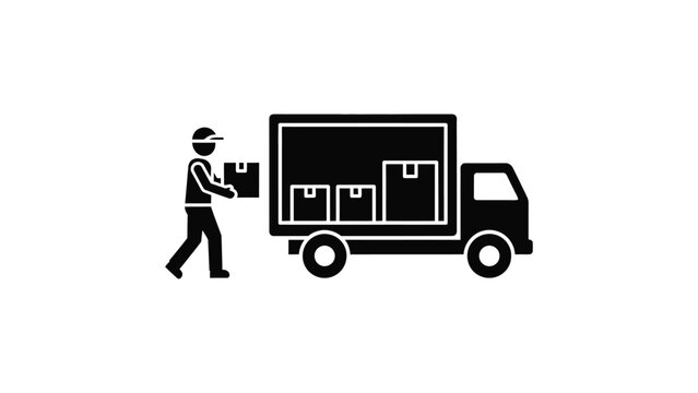 Delivery man loading cardboard boxes into a delivery truck icon.