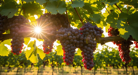 Obraz premium Abundant grape harvest sun drenched vineyard with ripe purple and red grapes