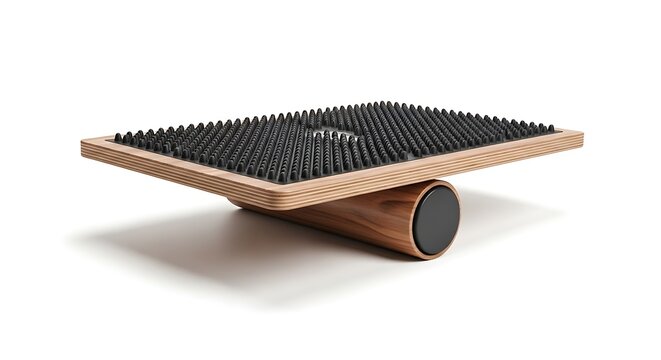 Wooden balance board with black textured surface for core strength and stability training