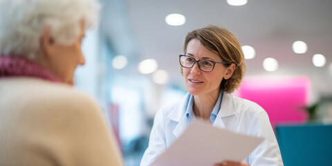 Fototapeta premium Female doctor consulting elderly patient indoors