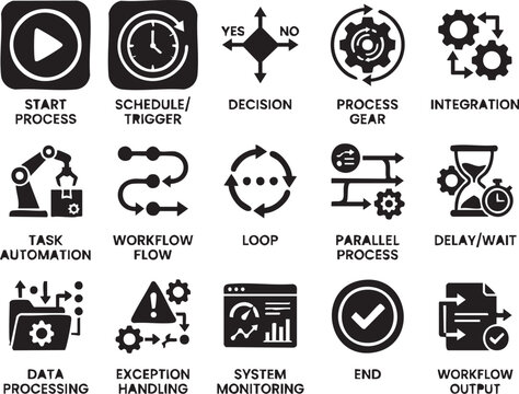 Business process management icons in black and white color scheme on clean white background for workflow optimization