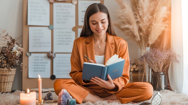 Bohemian woman writing in journal, spiritual girl journaling at home, mindful manifesting ritual