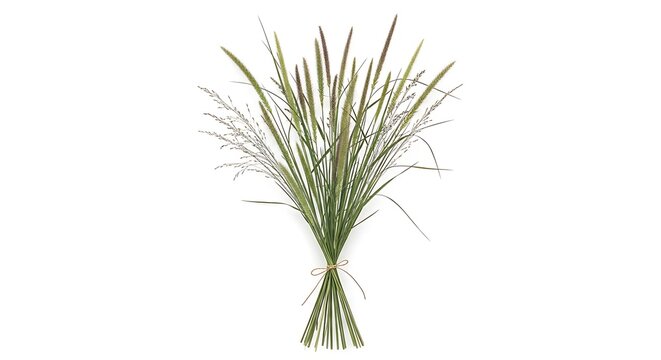 Bundle of ornamental grass stems with feathery seed heads tied with twine isolated on white