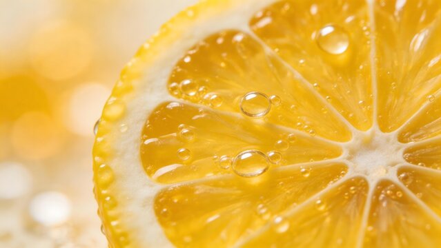 Closeup of a lemon slice with water droplets